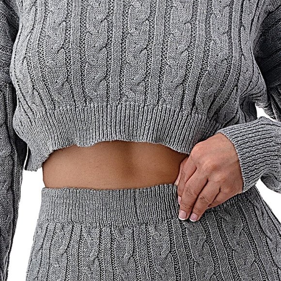 Cable Knit Set Cropped long sleeve top High Waist biker style short S M L - Picture 2 of 5